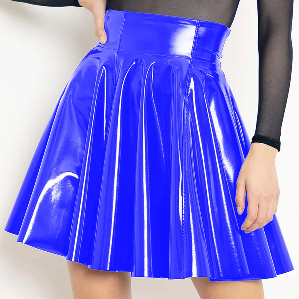Wet Look PVC Leather Skirt Gothic Women Summer Skirts Lady High Waist Flared Pleated A-line Circle Mini Skater Skirt Clubwear 4