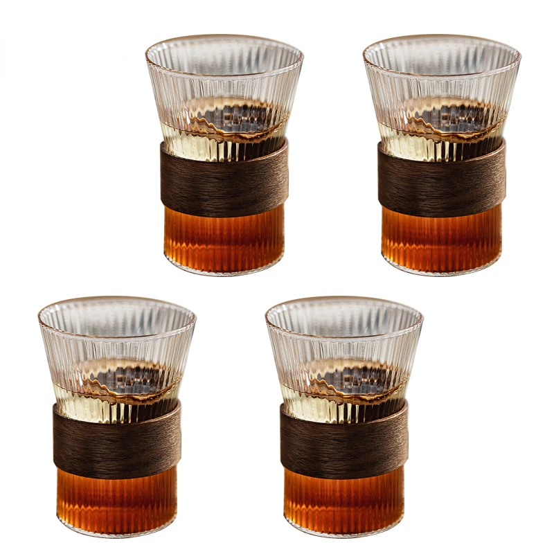 

2/4pc Japanese Style Glass Cup Set Walnut Cup Holder Coffee Milk Drinking Glasses Mug Set Office Home Teacup Drinkware