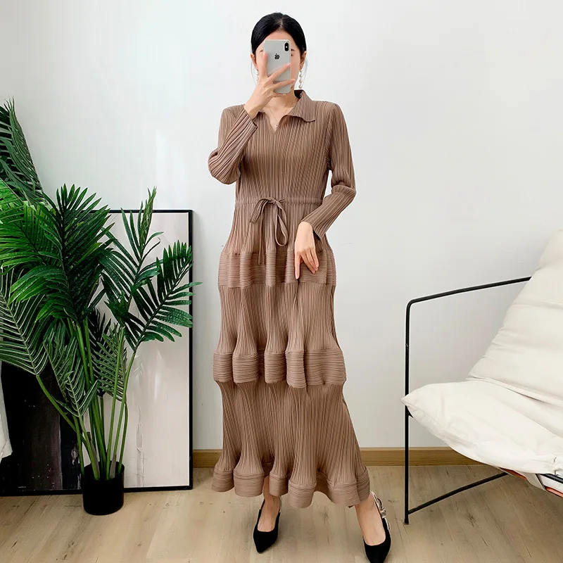 

ANLAN Pleated Miyake Dress 2024 Autumn New Fashion Turn-down Collar Full Sleeved Cake Dresses Elegant Women's Clothing 6KK2988