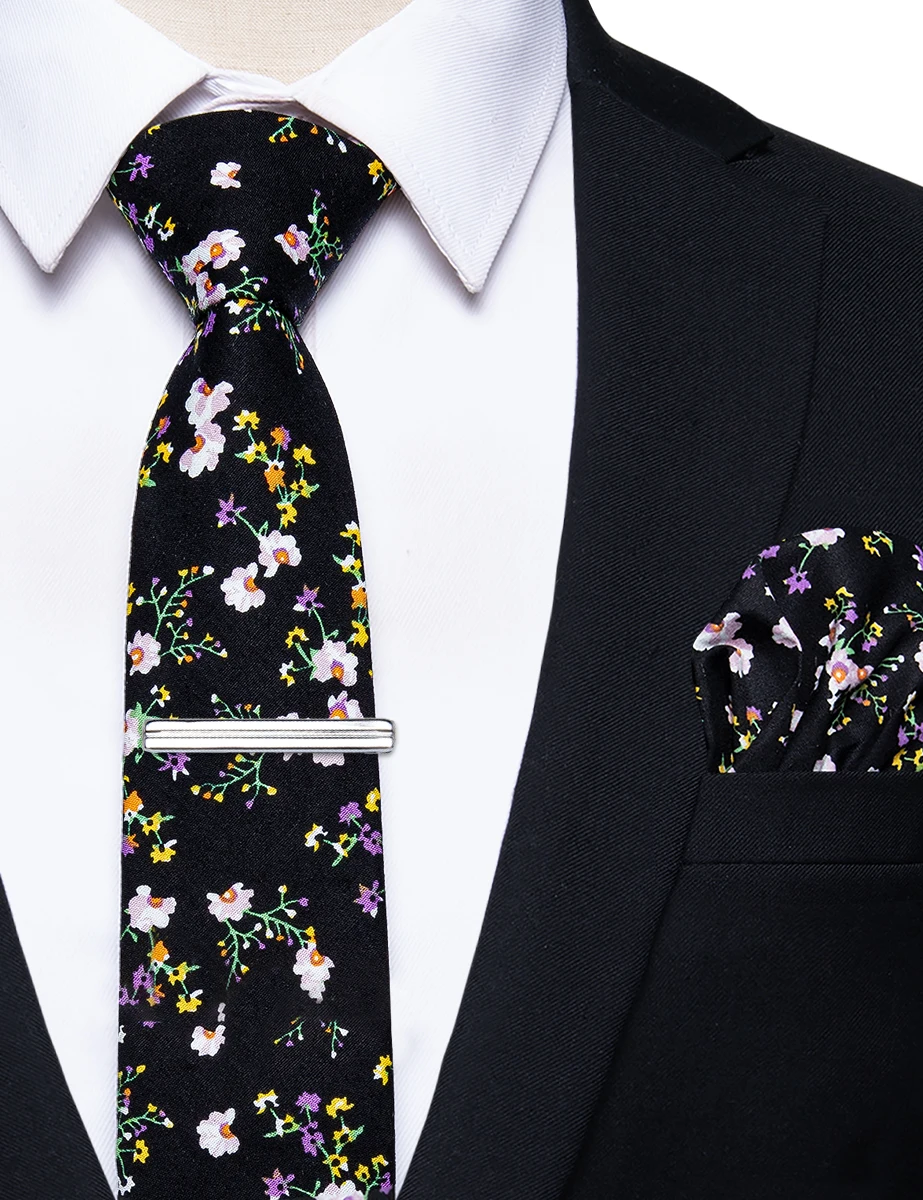 6.5CM Casual Yourties Slim Floral Men Ties Cotton Neckties Pocket Square Clips Set for Man Party Wedding Accessories