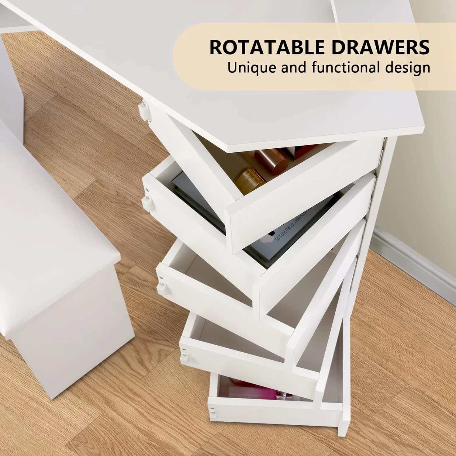 Vanity with Lights - Makeup Vanity Desk with Power Outlet, 3 Color Lighting Options Brightness Adjustable, 5 Rotating Drawers