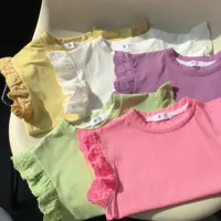 Summer New Baby Lace Sleeves Knitted Short-Sleeved Princess Girls Thin Ice Silk Half-Sleeved T-Shirt Children's Cotton Tops 1