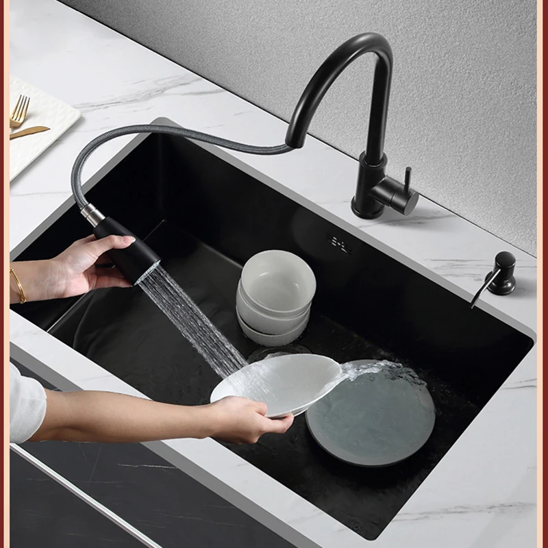 Kitchen Sink Nanometer Antibacterial Black 304 Stainless Steel Single Kitchen Sink Drain Basket And Drain Pipe