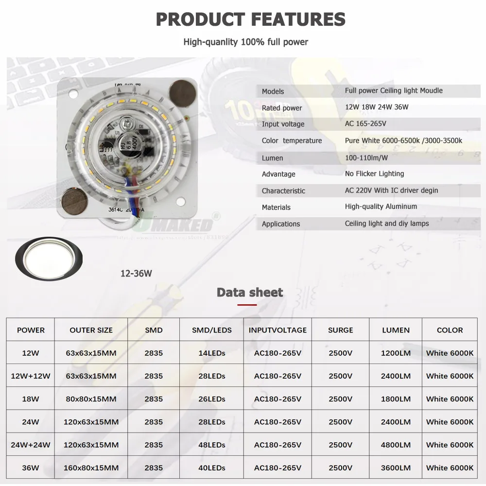 AC220V LED Moudle 12W 18W 24W 36W Aluminum Heatsink Plate Lighting Kits SMD2835 110lm/W For Ceiling Lamps Source Replace DIY 1Pc led light led modules led module