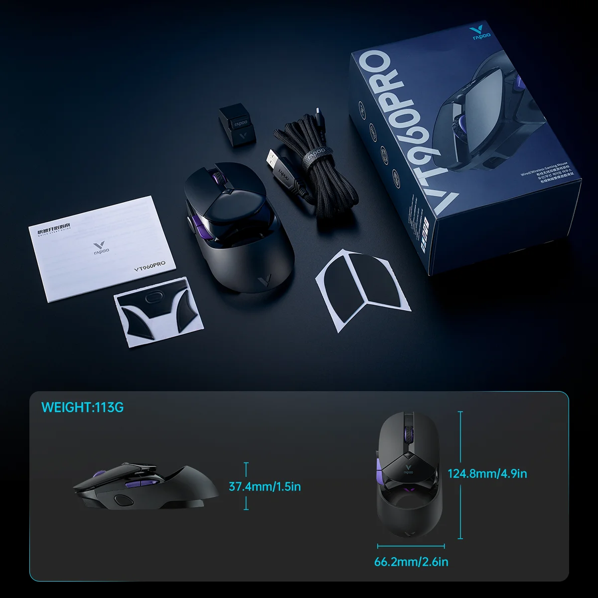 Mouse para Jogos com Fio e sem Fio Sensor Paw3395 26000 Dpi Display Oled Botões Programáveis Memória a Bordo Preto Rapoo-vt960pro - Imagem 3