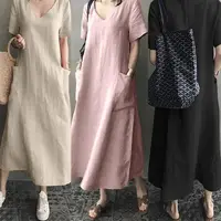 Artistic Japanese Sle Women's Long Dr Cotton Linen Material Large ket Summer Faion Casual V-ne Loose Waist