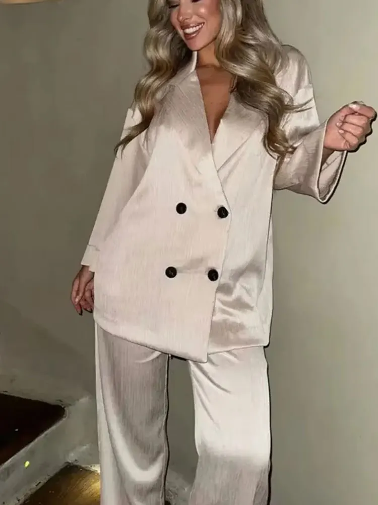 HH Women Fashion Wrinkle Effect Blazer Pant Set Long Sleeve Double Breasted Coat Wide Leg Trousers Solid Office Lady Suit