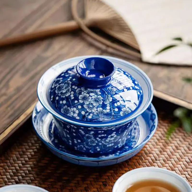 Porcelain Blue and White Plum Blossom Pattern Sancai Gaiwan Kungfu Tea Cup Infuser Tea Bowl Kitchen Teaware