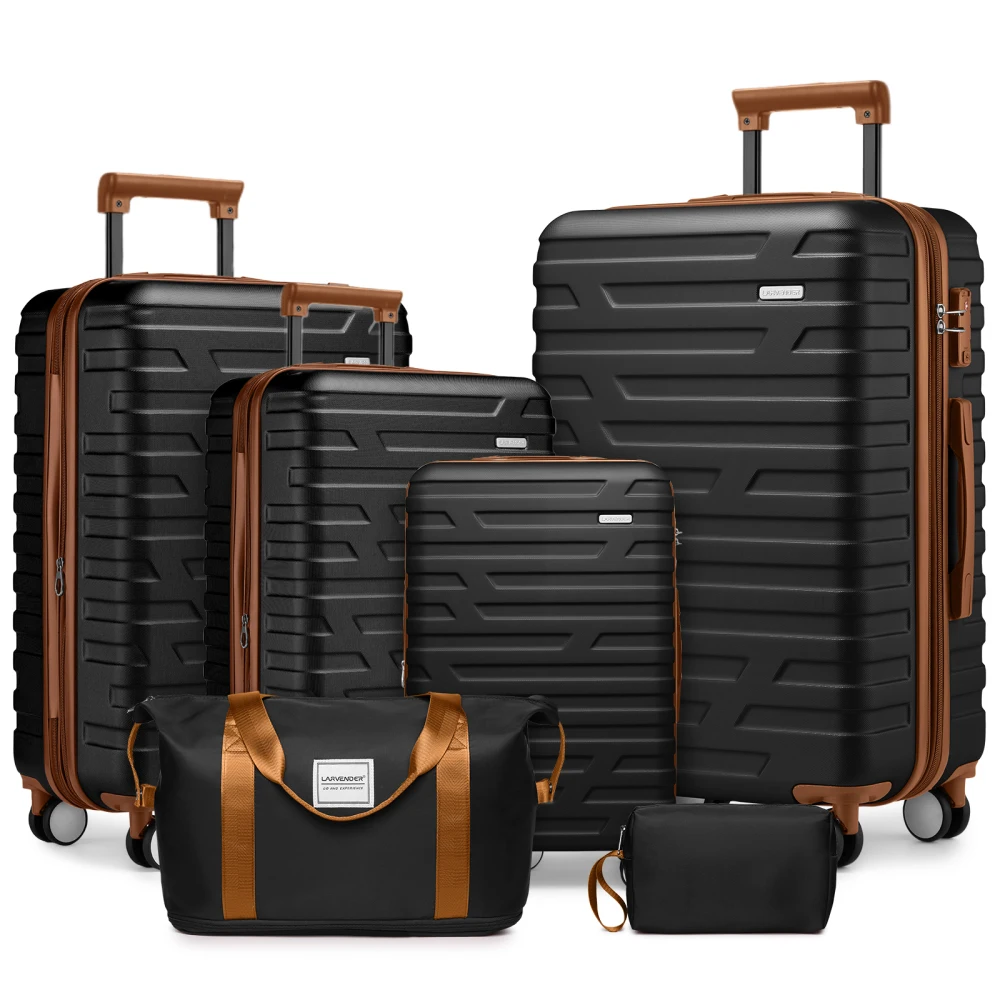 Ensemble de bagages 6 pièces comprenant des sacs de voyage. Valises rigides extensibles avec roulettes pivotantes, noires. 1 Ensemble de bagages 6 pièces comprenant des sacs de voyage. Valises rigides extensibles avec roulettes pivotantes, noires. 1