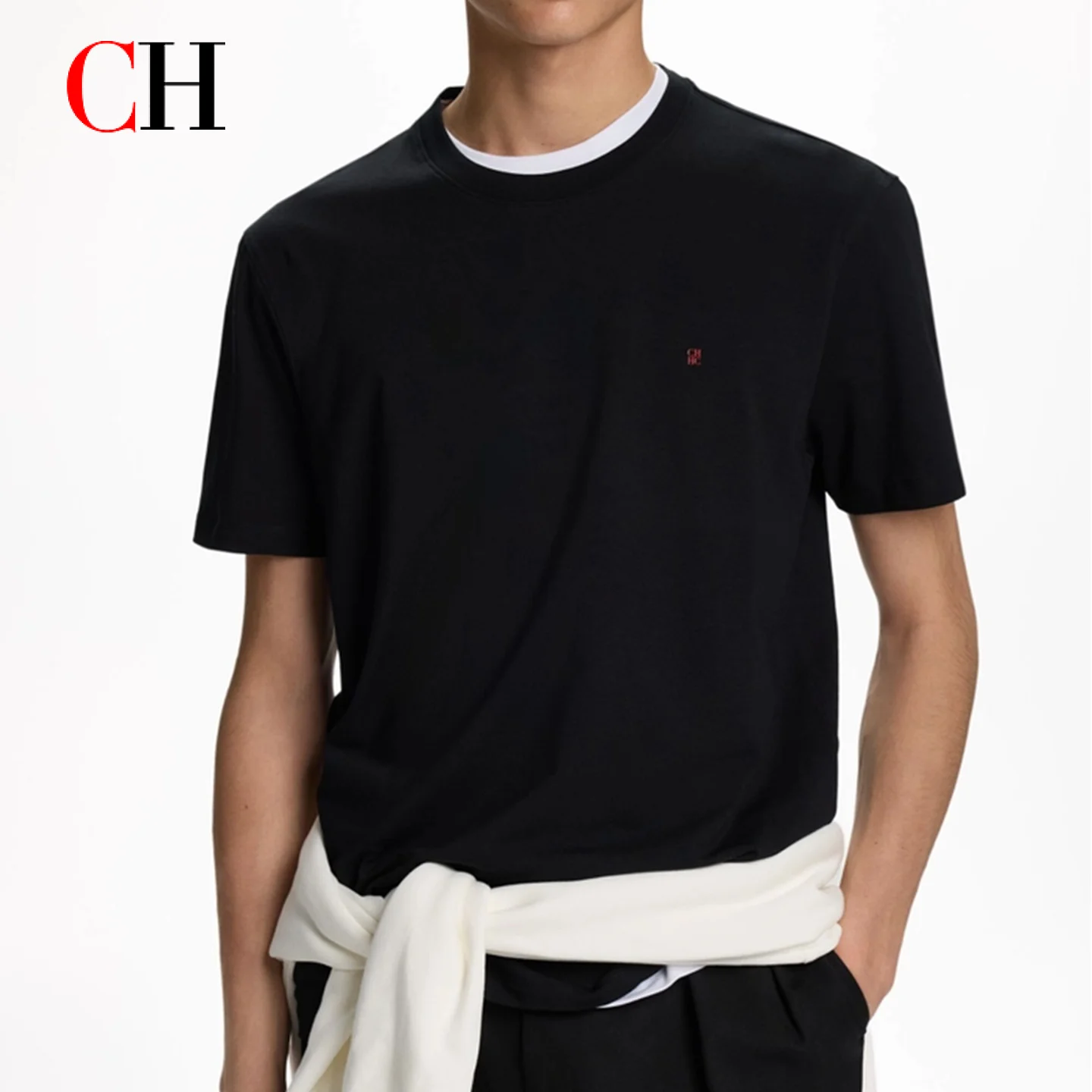 CH Besticktes Einfarbiges Kurzarm-T-Shirt für Herren Rundhals Regular Fit Klassisch Zeitlos Premium-Stoff Lässige Alltags-Oberteile