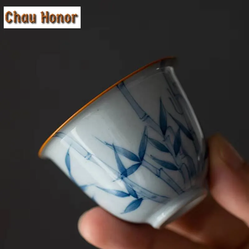 2pcs /set Hand Painted Blue And White Bamboo Tea Cup Antique Glaze Household Tea Cup Tea Ceremony Accessories Drinkware 50ml
