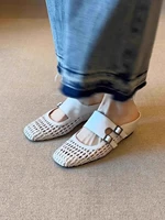 Sabots Tressés de Plage pour Femmes Mules en Cuir Sandales à Talon Compensé Moyen Chaussons Rétro Bout Fermé Chaussures d'Été Élégantes Diapositive Confort 5