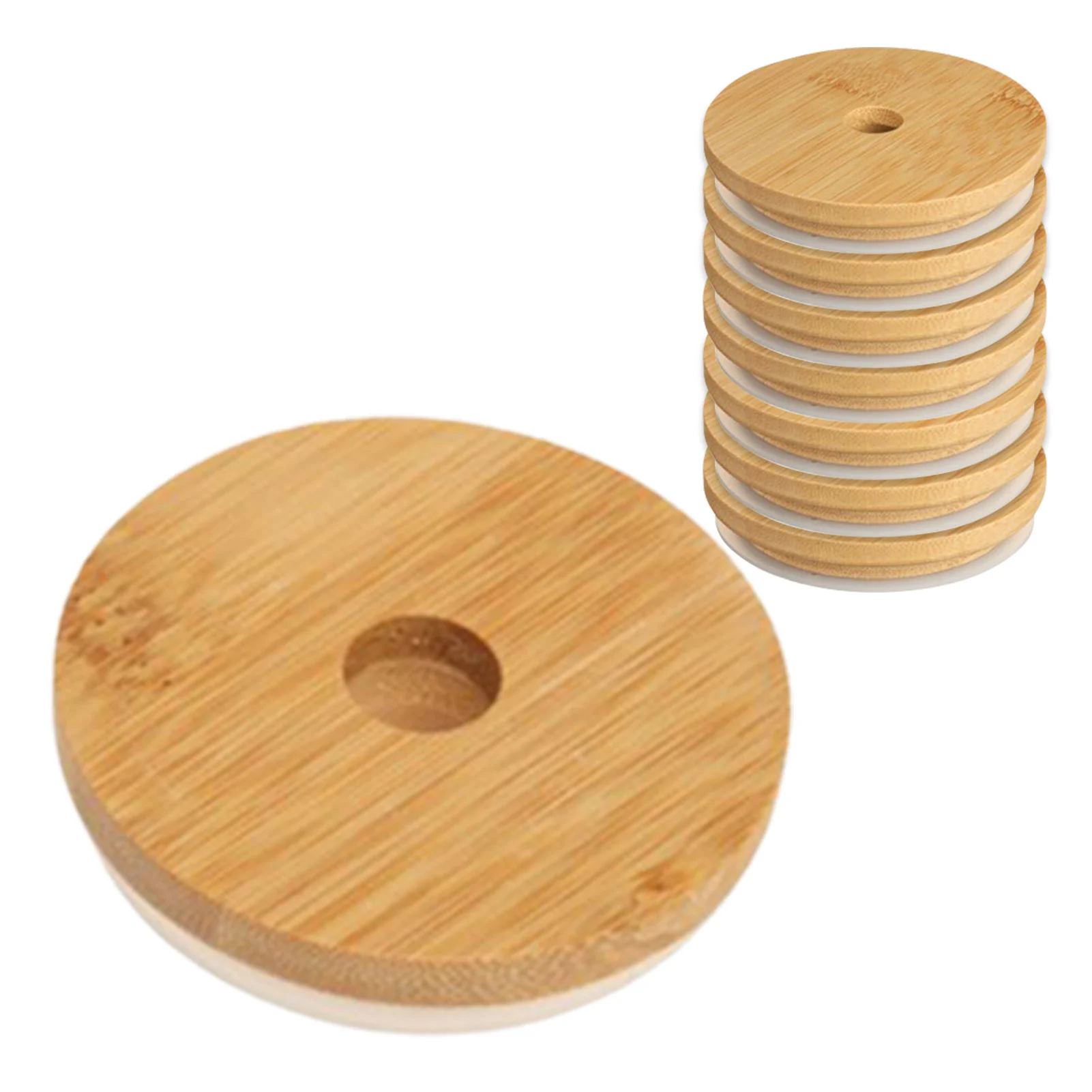 

8pcs 70mm Reusable Bamboo Wood Mason Jar Lid With Straw Hole Silicone Seal Ring Wide Mouth Cup Covers Caps Eco Friendly