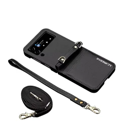 Crossbody Leather Card Slot Wallet Case with Hand Strap and Lanyard for Samsung Z Flip 7 FE (Black - L1)
