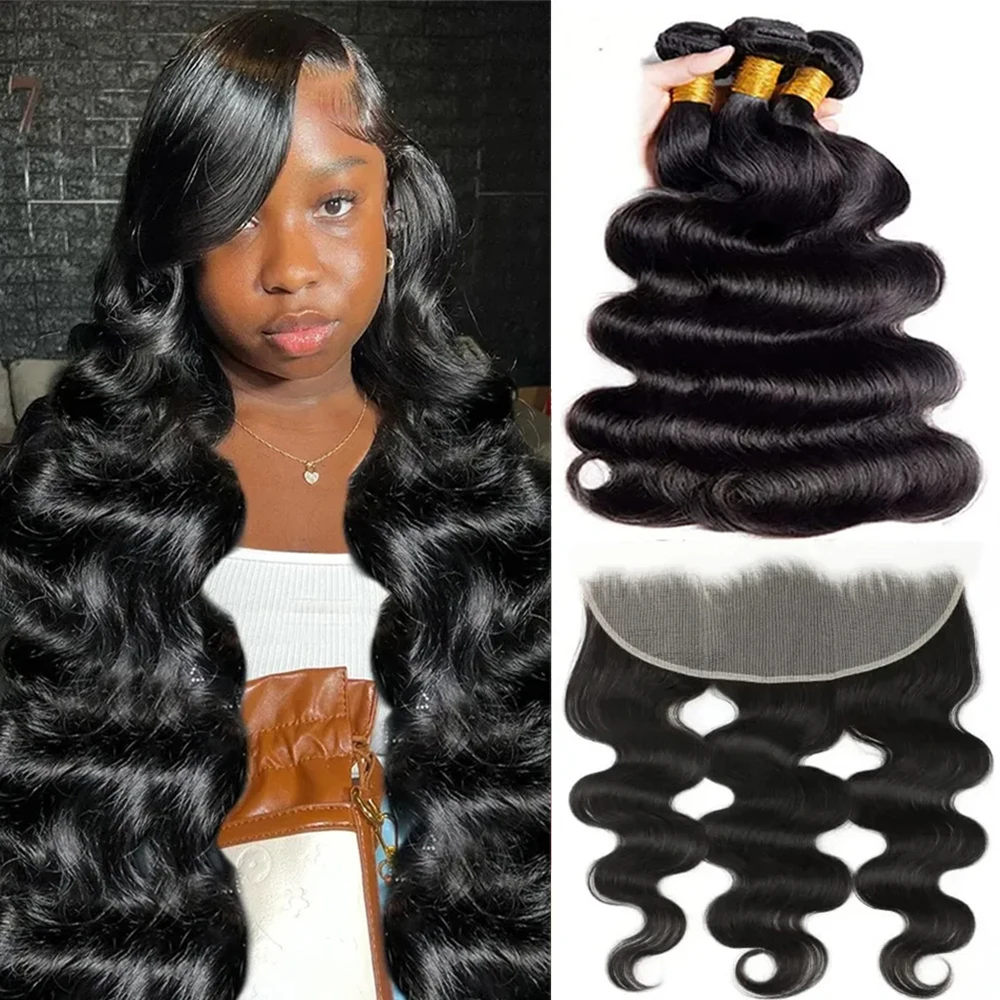 Bundles with Closure Body Wave Brazilian Virgin Human Hair 3 Bundles 100% Human Hair with 13&times;4 Lace Closure Tissage Humain