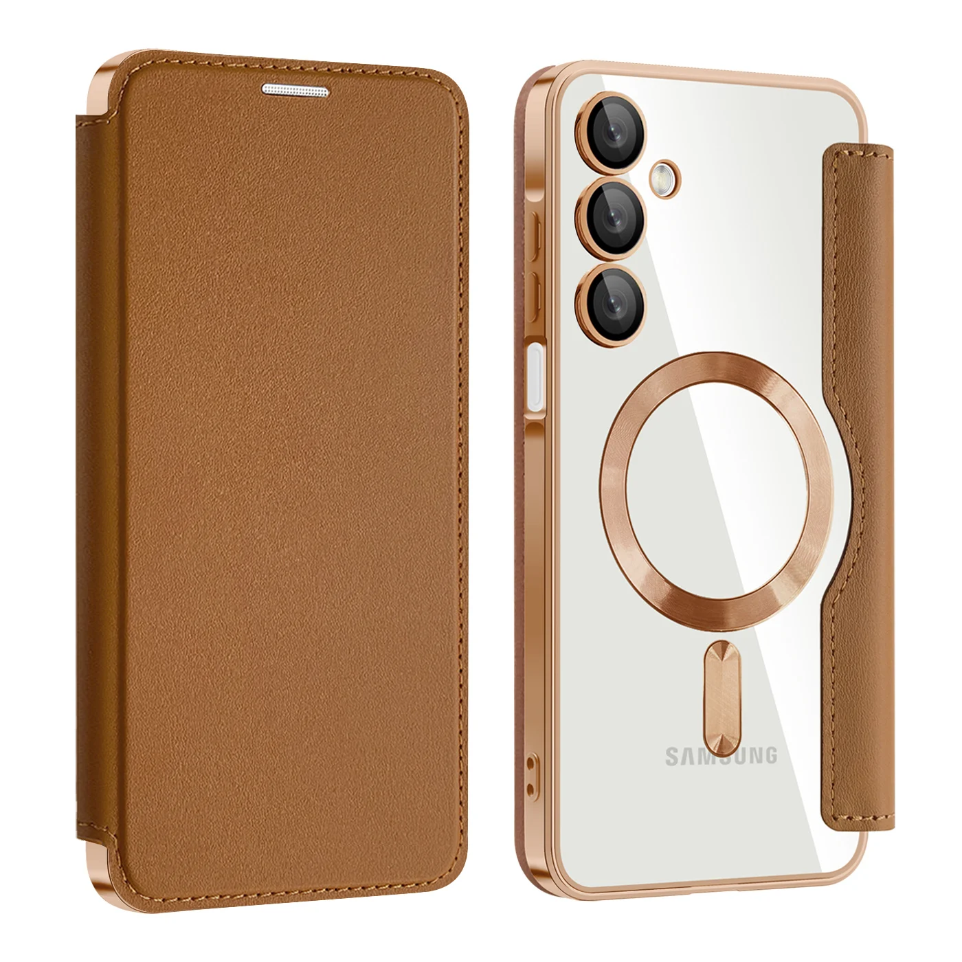 Premium Flip Magnetic Leather Case with Wireless Charging & Transparent Card Slot