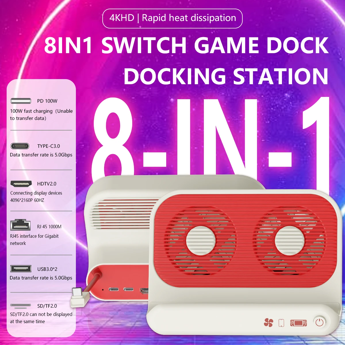 Gopala TV Docking Station Switch 8 in 1 Docking Station 4K HDTV PD100W RJ45 Replacement Official Switch Dock