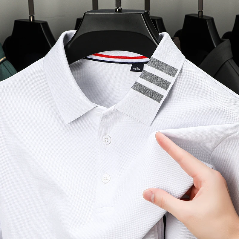Long Sleeve T Shirt Men 100COTTON Autumn Classic Stripe Print Lapel Hem Slit