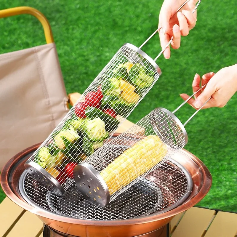 Portable Stainless Steel Barbecue Cages Grill Basket BBQ Basket Camping Picnic Cookware Outdoor Round Campfire Grid Rolling Grill Baske