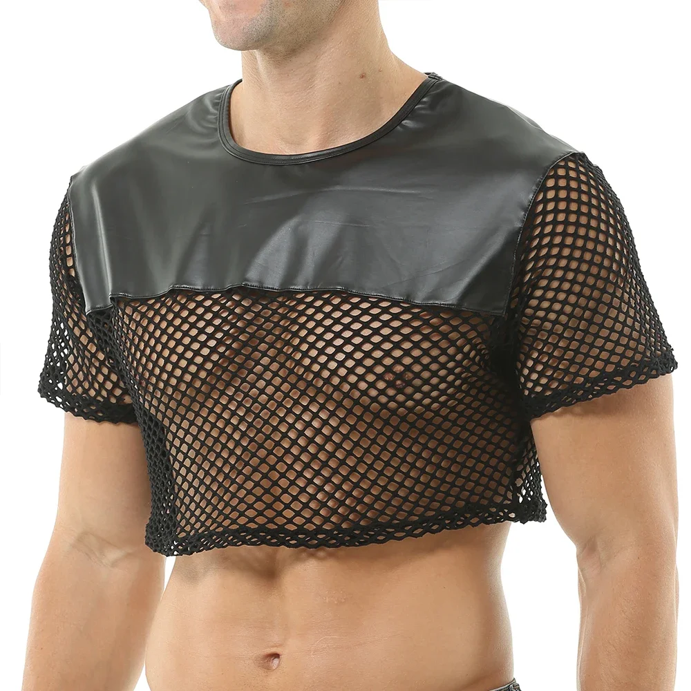 

Men Fashion Casual Breathable Fishnet Cropped Top Camiseta Short Sleeve Crop Tops Male Patchwork Leather Mesh Cropped T-Shirts