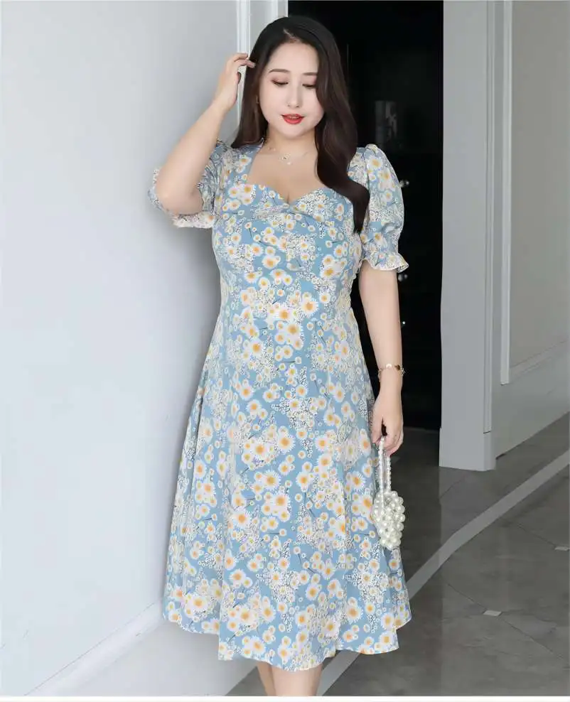 

Daisy Floral Collection Waist Slit Dress Summer Large Size Women's Age Reducing Slimming Square Collar Fresh Pleated Long Skirt