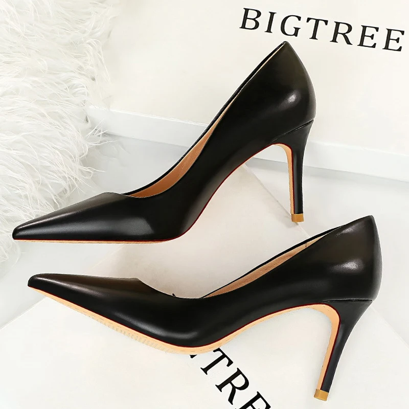 BIGTREE-신발, 여성 7.5 Cm 힐, Pu 가죽, 여성 펌프, 직업, OL 사무실 신발, 뾰족한 새끼 고양이 힐, 숙녀 신발