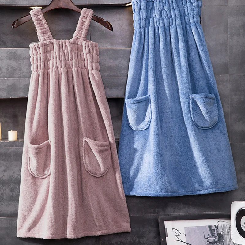 Women Bathrobe Pajamas Wearable Beach Bath Towel Women Absorbent Bathrobe Bath Skirt Coral Fleece Dress