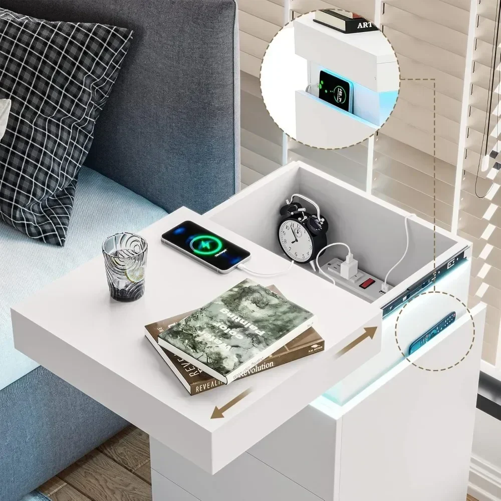 Nightstand with Charging Station and LED Lights,Night Stand with Sliding Top for Bedroom,Bedside Table with Drawers,Modern End 3