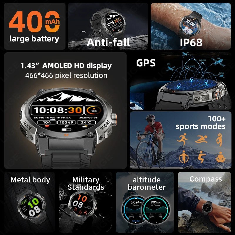 LIGE New Professional GPS Sports Smart Watch Outdoor RIDE Run Men Watches Compass Altimeter IP68 400mAh AMOLED BT Call Bracelets