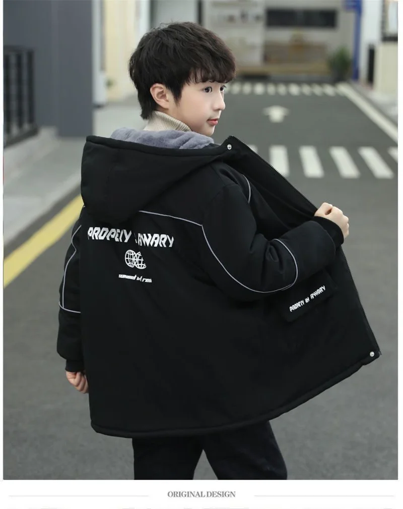-30℃ Boys Plus Velvet Outerwear Kids Winter Thicken Warm Overcoat Children Casual Print Jacket New Teenager Clothing