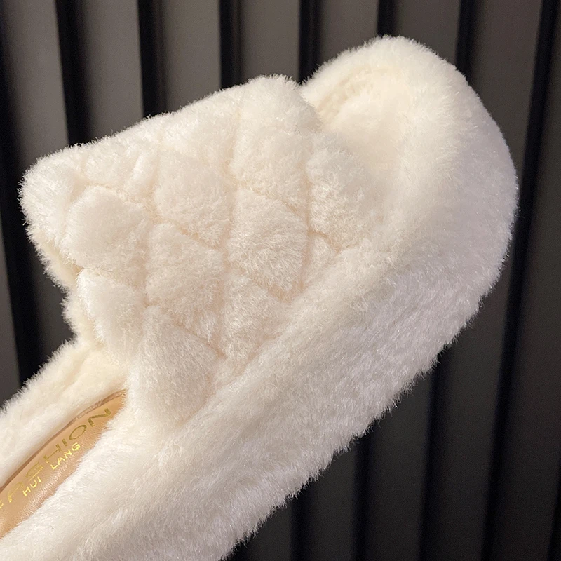 Aphixta Platform Warm Winter Furry Slippers Women Indoor Slippers Shoes Checkered Design Solid Color Footwear Size 42