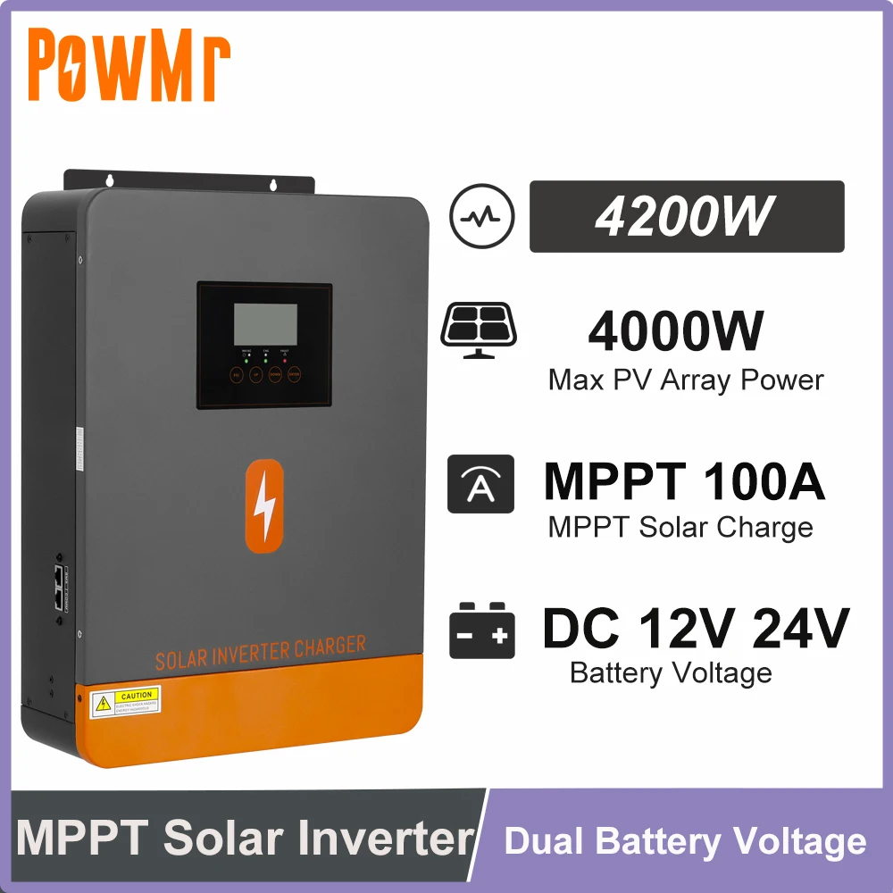 อินเวอร์เตอร์ไฮบริดแบบออฟกริด 4.2 กิโลวัตต์ รองรับไฟฟ้าสองระบบ DC12V 24V เป็นไฟฟ้ากระแสสลับ 230VAC พร้อมระบบชาร์จพลังงานแสงอาทิตย์ MPPT 100A รองรับแผงโซลาร์เซลล์สูงสุด 500V ใช้ได้กับแบตเตอรี่ลิเธียมพร้อมระบบจัดการแบตเตอรี่ (BMS) 1