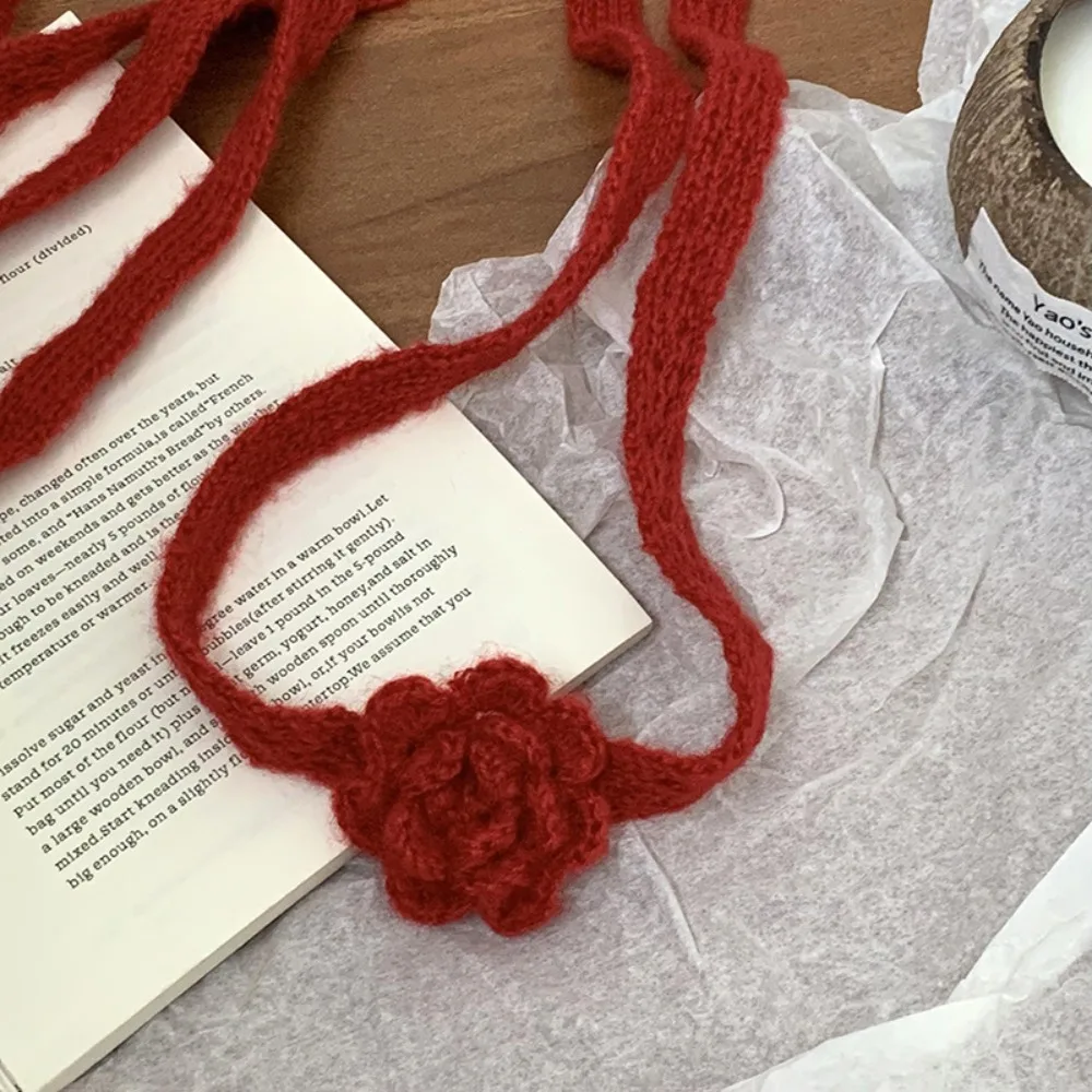 Solid Color Rose Wool Shawl Handmade Crocheted Dressing Decoration Knitted Scarf Korean Style Ribbon Long Narrow Scarves Ladies