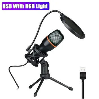 Professional Condenser Microphone Kit with Tripod Stand RGB Lighting Gaming USB Microphone for Streaming YouTube Podcasts Video Studio Recording PC Computer Laptop Mute Button Voice Changer 8