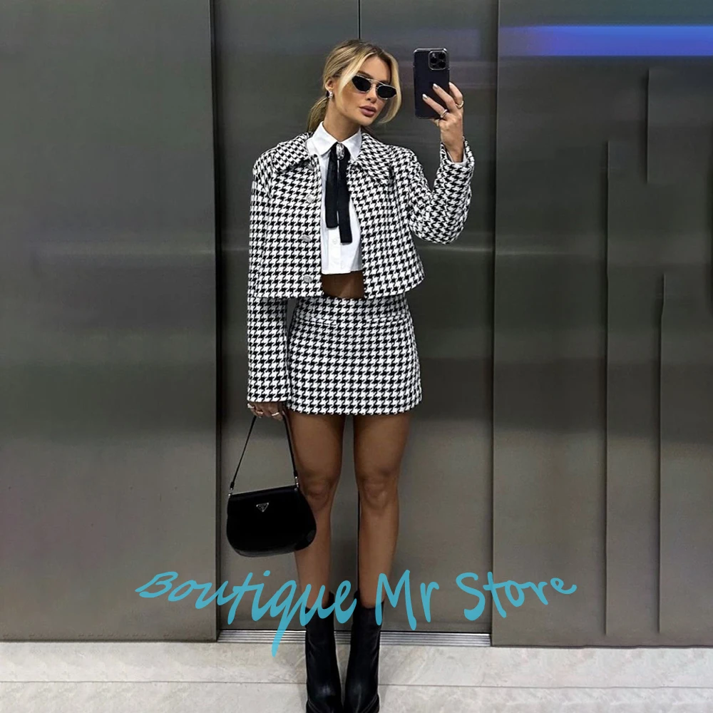 Chic Women's Houndstooth Cropped Jacket & Mini Skirt Set Black-White ...