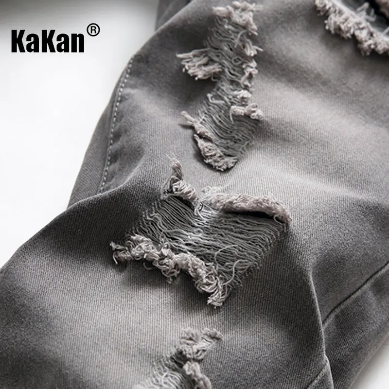 Kakan - European and American New Gray Black Distressed Jeans for Men, High Street Trend Straight Leg Long Jeans K36-348