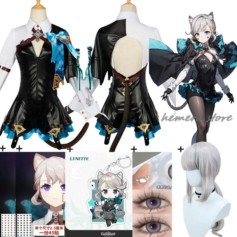 

Lynette Cosplay Genshin Impact Costume Wig Fontaine Lyney Leather Uniform Dress Long Hair Ears Skirt Glove Outfit Tail Magician