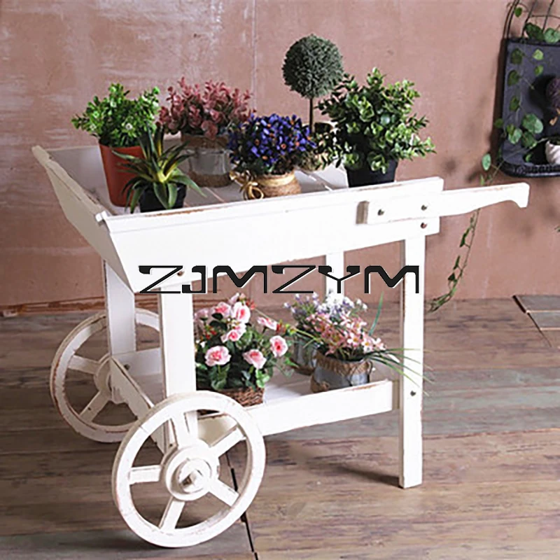 Solid Wood Flower Stand Storage Racks Float Flower Rack Shop Decoration Display Rack Multi-Functional Retro Cart