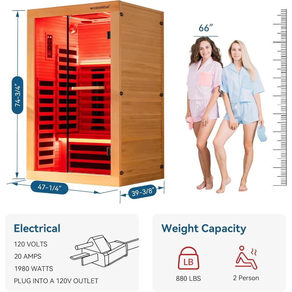 Infrared Home Sauna Room 2 Person Hemlock Wooden Indoor Sauna,7 Carbon 1980W/120V Heaters,with Led Color Therapy Light 6