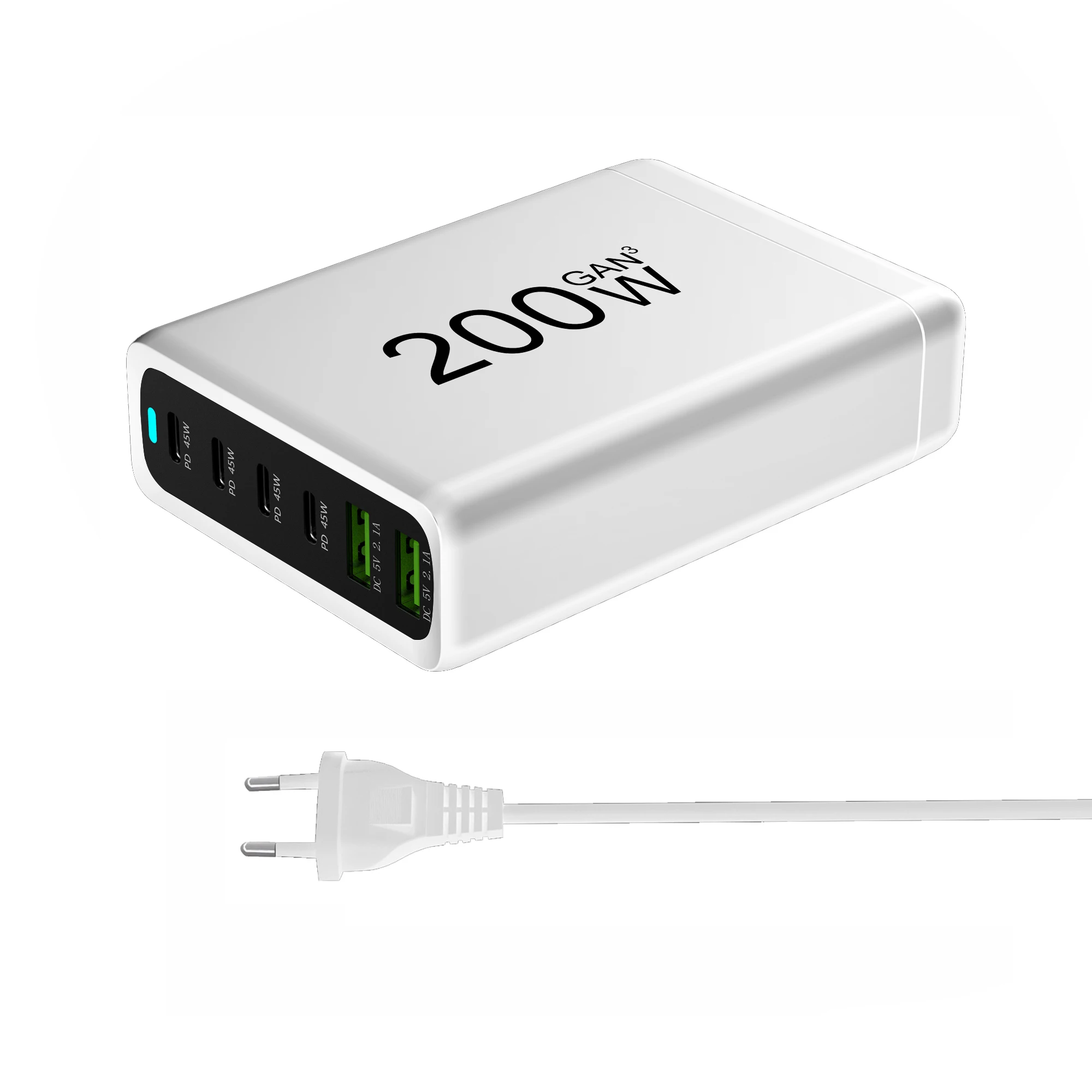 Power Adapter Power Charger 200W USB C Fast Charger GaN 4 in 1 Charging Station 2 USB-C 40W+20W 2 USB Ports 18W+18W For MacBook Laptops iPhone