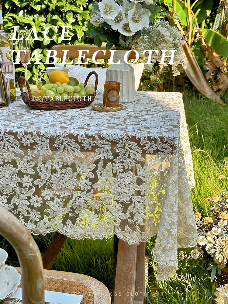 

Custom Lace Tablecloth Pastoral Ins Style Off-white Embroidered Curtains Rectangular Retro Palace Style Coffee Table Dust Tulle