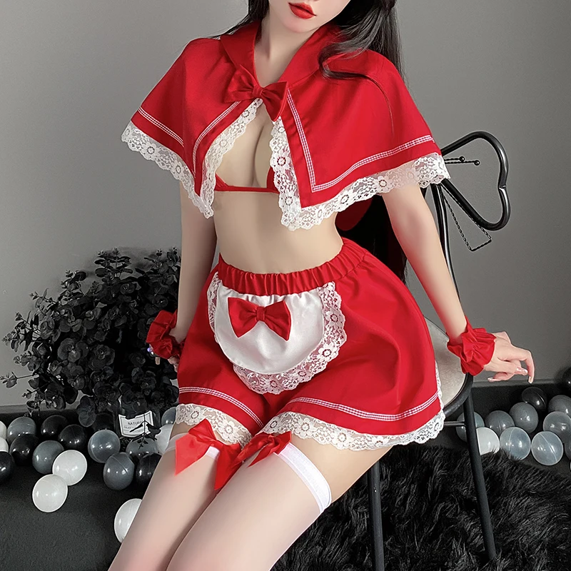 OJBK Christmas Cosplay Costumes Girls Three Point Lingerie Outfit Red Santa Maid Outfits Open Chest With Lace Skirt Uniform women lingerie women lingerie set women cosplay costume