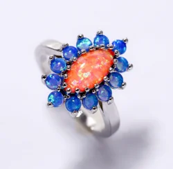 Elegant Floral Opal Ring - Vintage Orange & Blue Boho Statement Jewelry Gift - 8 (Orange)