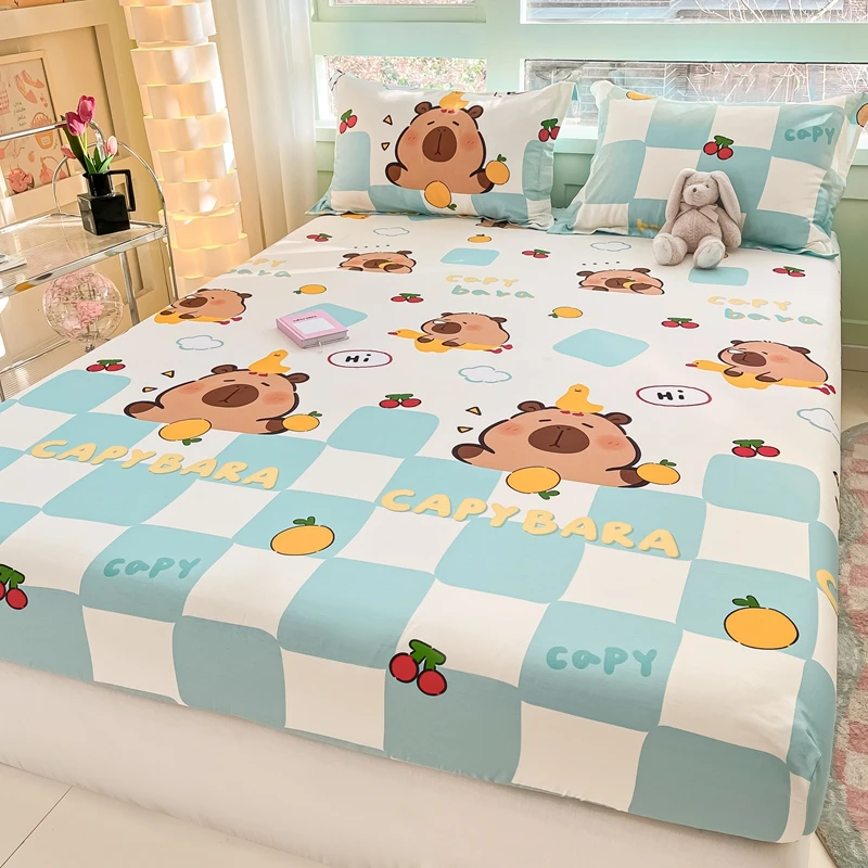 Cute Capybara Pattern Fitted Sheet Queen 100% Cotton Cartoon Bed Cover Plaid Print Mattress Cover Elastic Bedding for Kids Teens 2