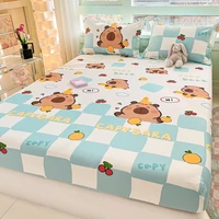 Cute Capybara Pattern Fitted Sheet Queen 100% Cotton Cartoon Bed Cover Plaid Print Mattress Cover Elastic Bedding for Kids Teens 2