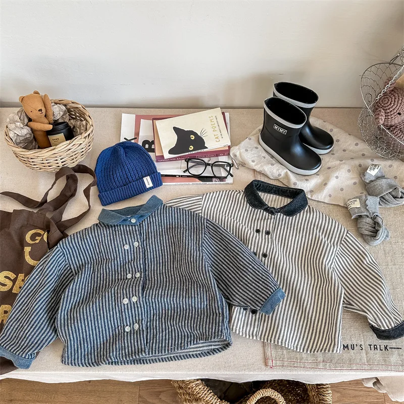 deer jonmi Autumn Baby Boys Striped Denim Shirts Long Sleeve Korean Style Children Casual Tops Coats