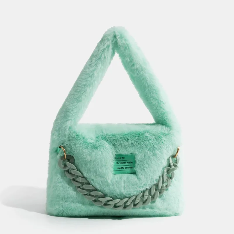 Fashion Pluffy Women Handbags Designer Acrylic Chains Shoulder Bags Soft Plush Faux Fur Large Tote Purses Small Bohos Purse 2023