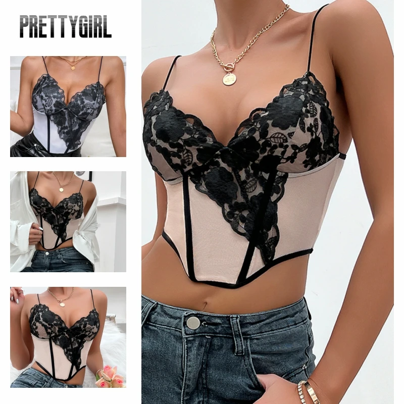 

Women Sexy Lace Mesh Tank Top Solid Color Short Camisole Top Active Corset Bodyshaper Crop Tube Top Graphic