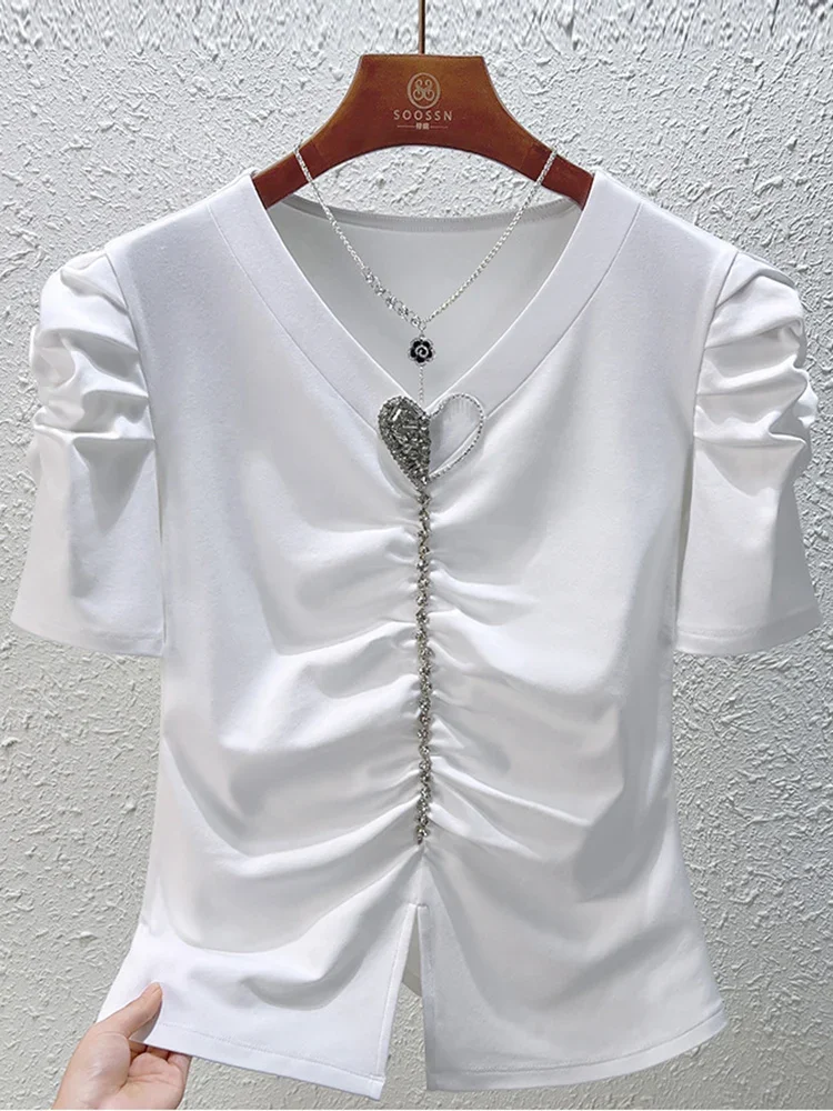 

V-neck Short Sleeved Cotton T-shirt for Spring Summer,French Style Bubble Sleeve Studded Diamond Pleated Fashionable Top Z188