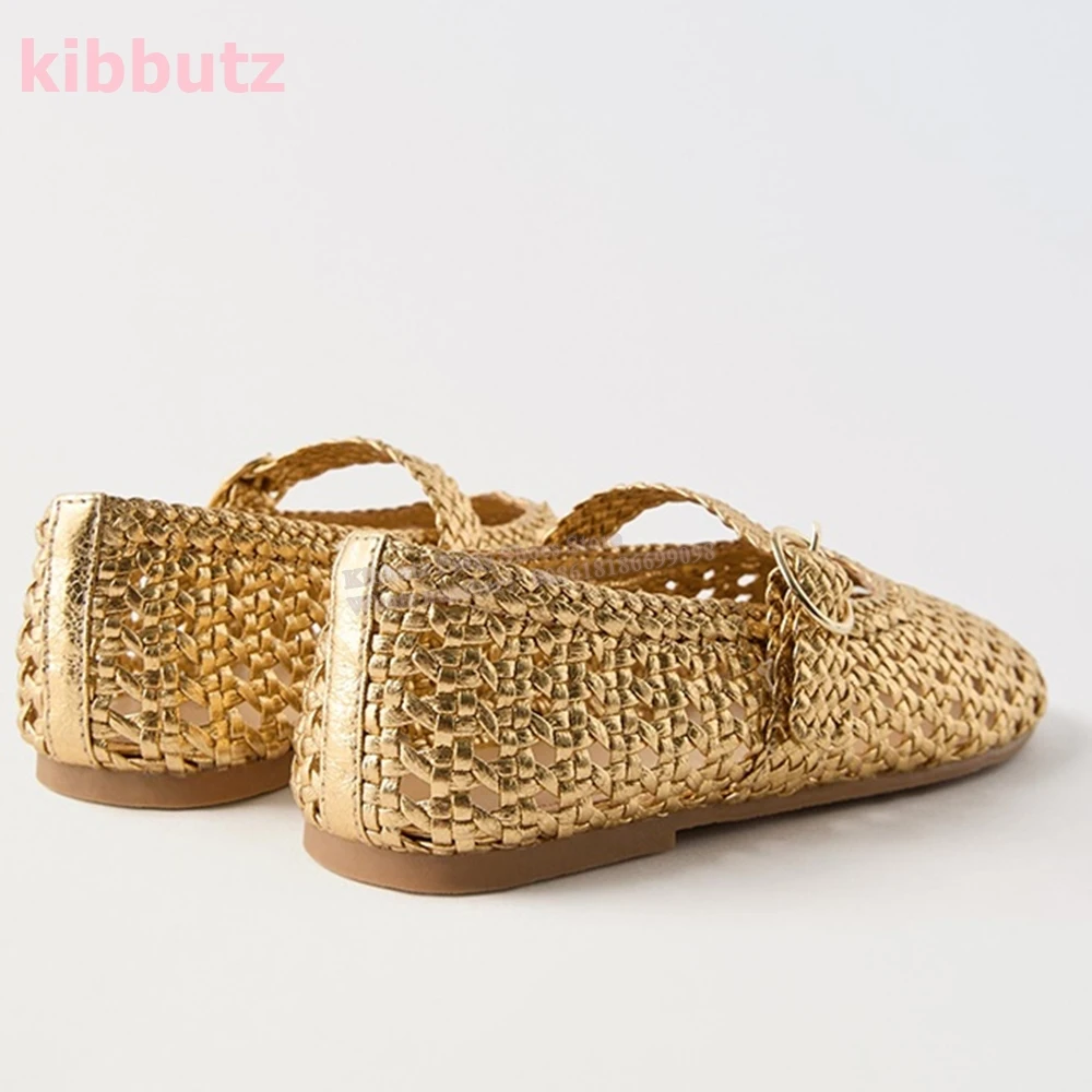Espadrilles Flat With Ballet Pumps Round Toe Belt Buckle Hollow Solid Color Patent Leather Fashion Novelty Women Shoes Newest